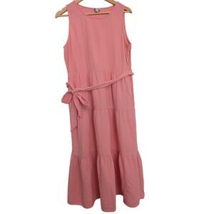 J. Crew Belted Gauze Midi Dress Pink Lemonade‎ Tiered Sleeveless Cottagecore